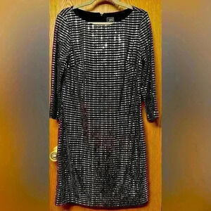 JH Evenings Black Stretch Silver Glitter Long Sleeve Dress Size 12 - Sparkles